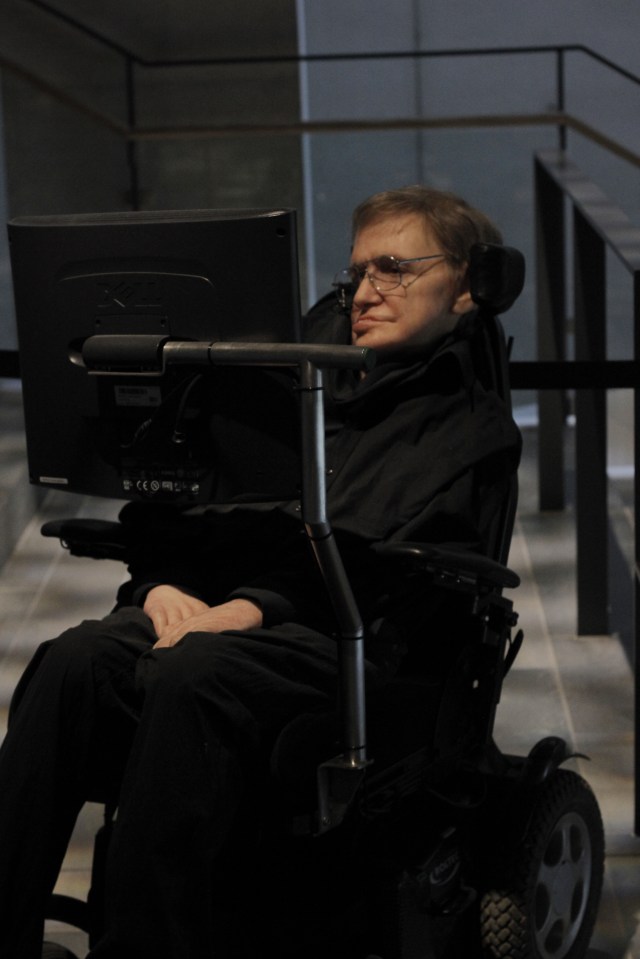 Wax figure of Stephen Hawking. They also had a display where an audio recording of Hawking talked about Western ideas regarding life and the universe.