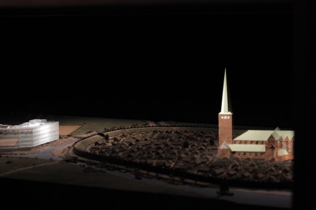 Model of ancient Aarhus with the cathedral projected onto it for perspective. It looks so much different now!